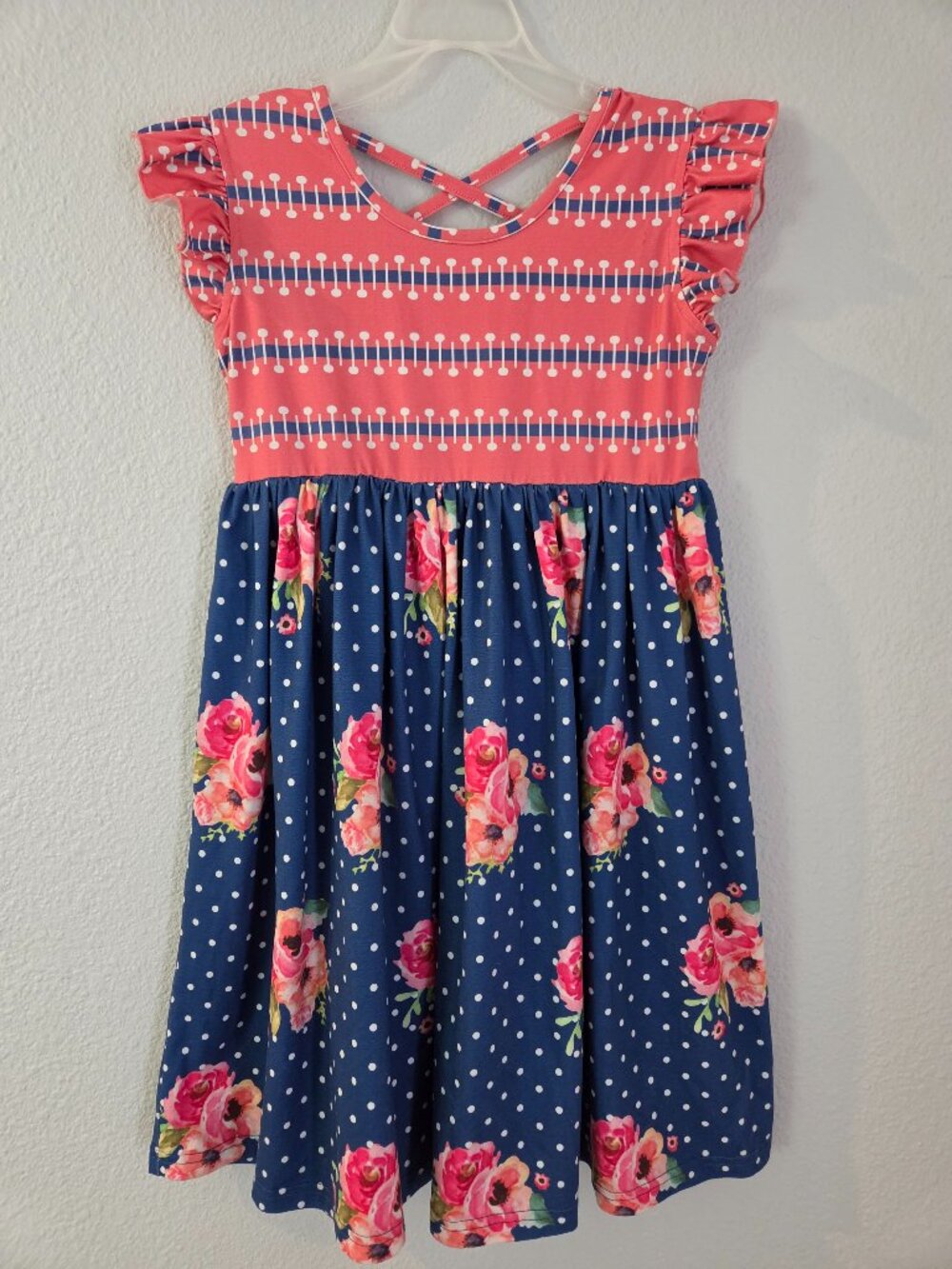 Oopsie Daisy Girls Floral Polka Dot Dress Coral Blue Size 8